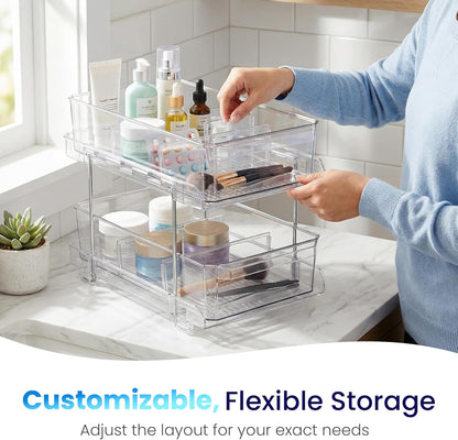 Masirs 2-Tier Clear Pull-Out Drawer Organizer - Sleek, Compact & Sturdy Makeup and Closet Organizer - Easy Assembly Kitchen Storage Solution, Ideal for Makeup, Tools, Medicines & Snacks
