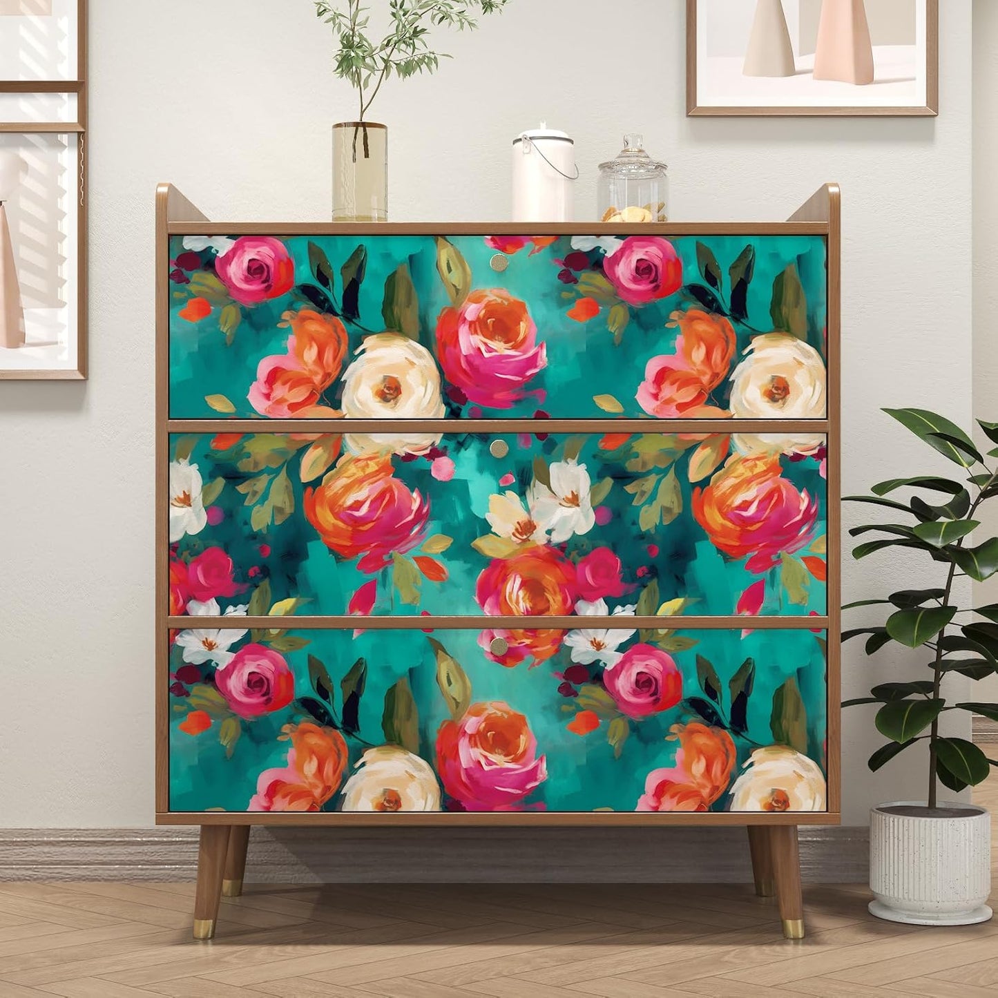 BOKEBEVE Watercolour Floral Peel and Stick Wallpaper Boho Vibrant Contact Paper Renter Friendly Wall Paper for Countertop Cabinet Wall Shelf Liner Removable Blue Colorful 17.5 x 118In