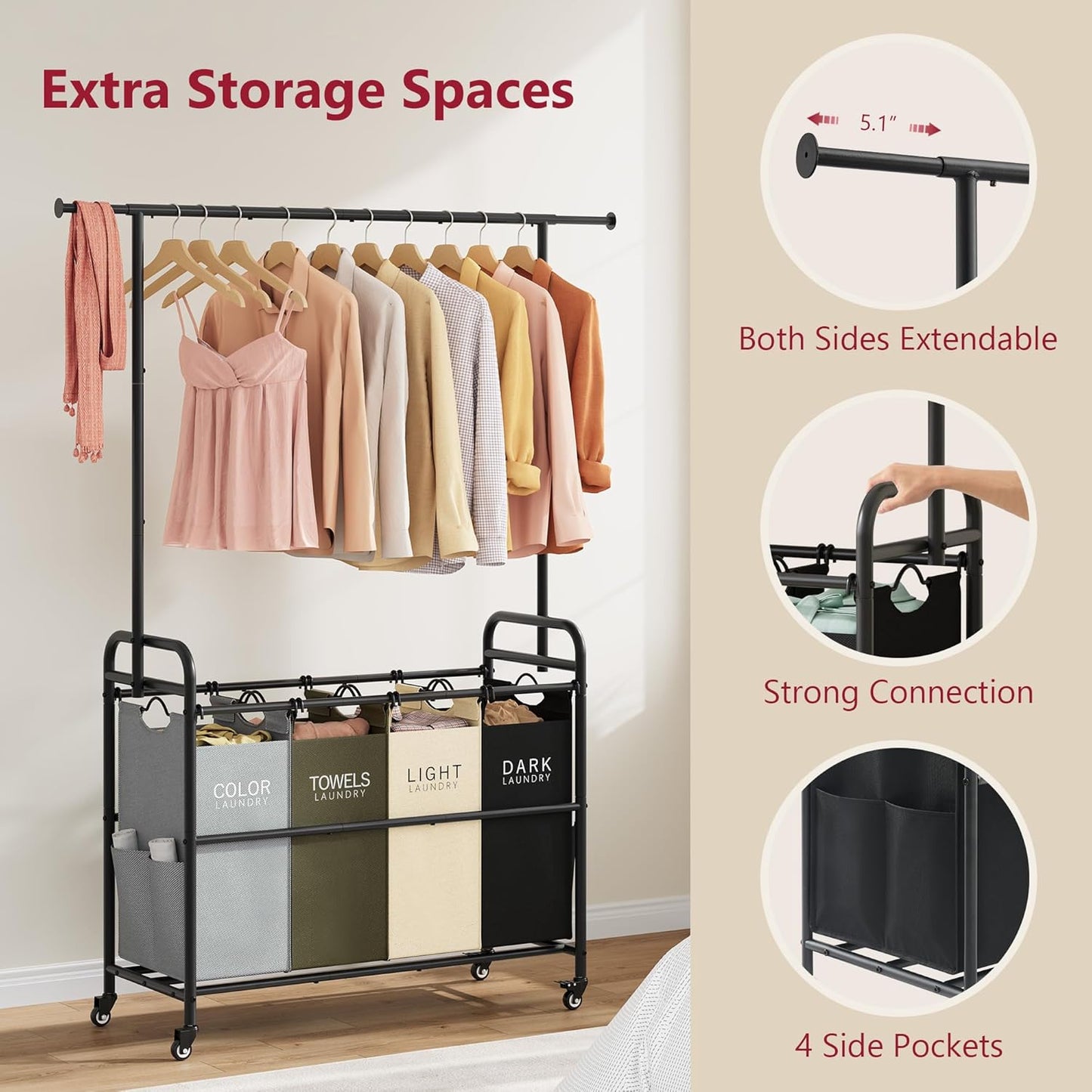 Tajsoon Laundry Hamper with Hanging Rack, 3 Section Laundry Sorter with Heavy Duty Lockable Wheels, Laundry Basket Organizer for Dirty Clothes Storage, 3 Beige