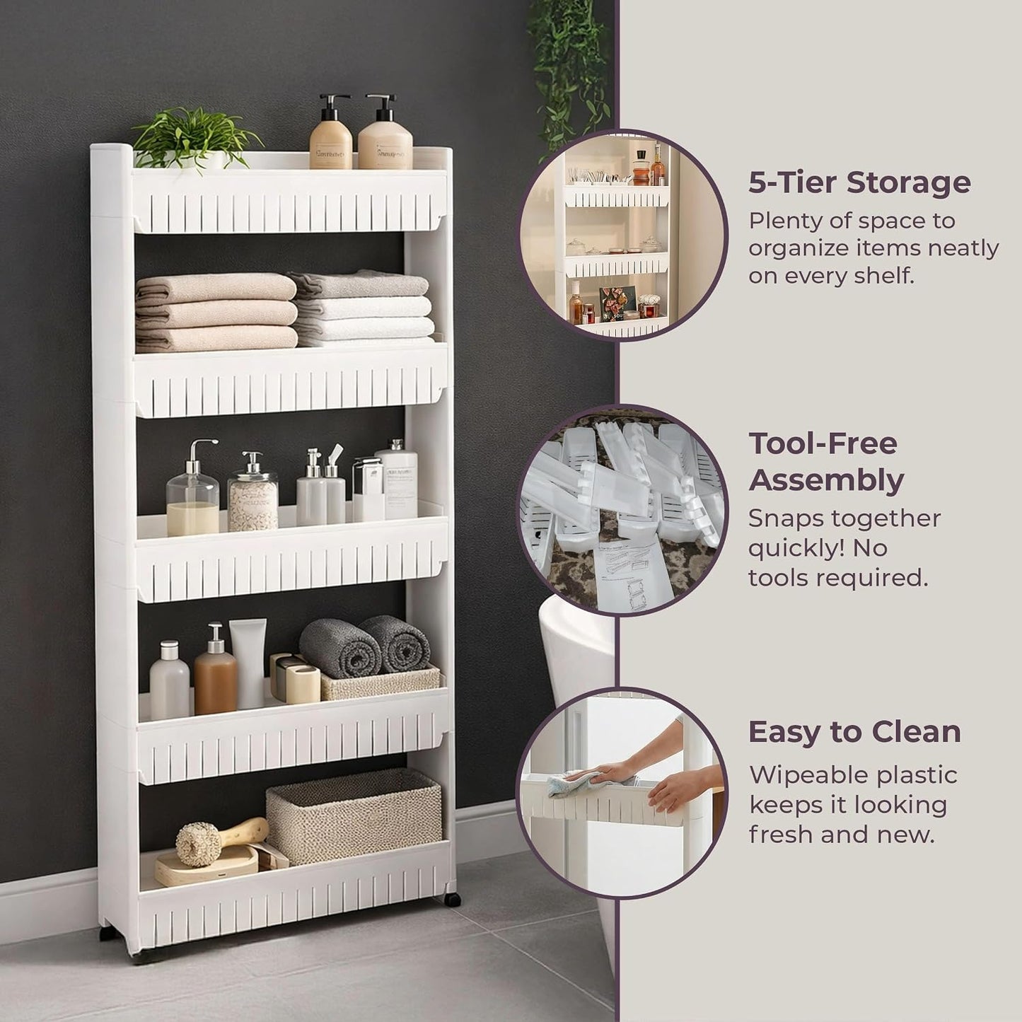 Slim Rolling Storage Cart - 5-Tier Utility Cart with Wheels for Bathroom, Kitchen, and Laundry Room - Bathroom Shelves by Lavish Home (White)