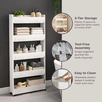 Slim Rolling Storage Cart - 5-Tier Utility Cart with Wheels for Bathroom, Kitchen, and Laundry Room - Bathroom Shelves by Lavish Home (White)
