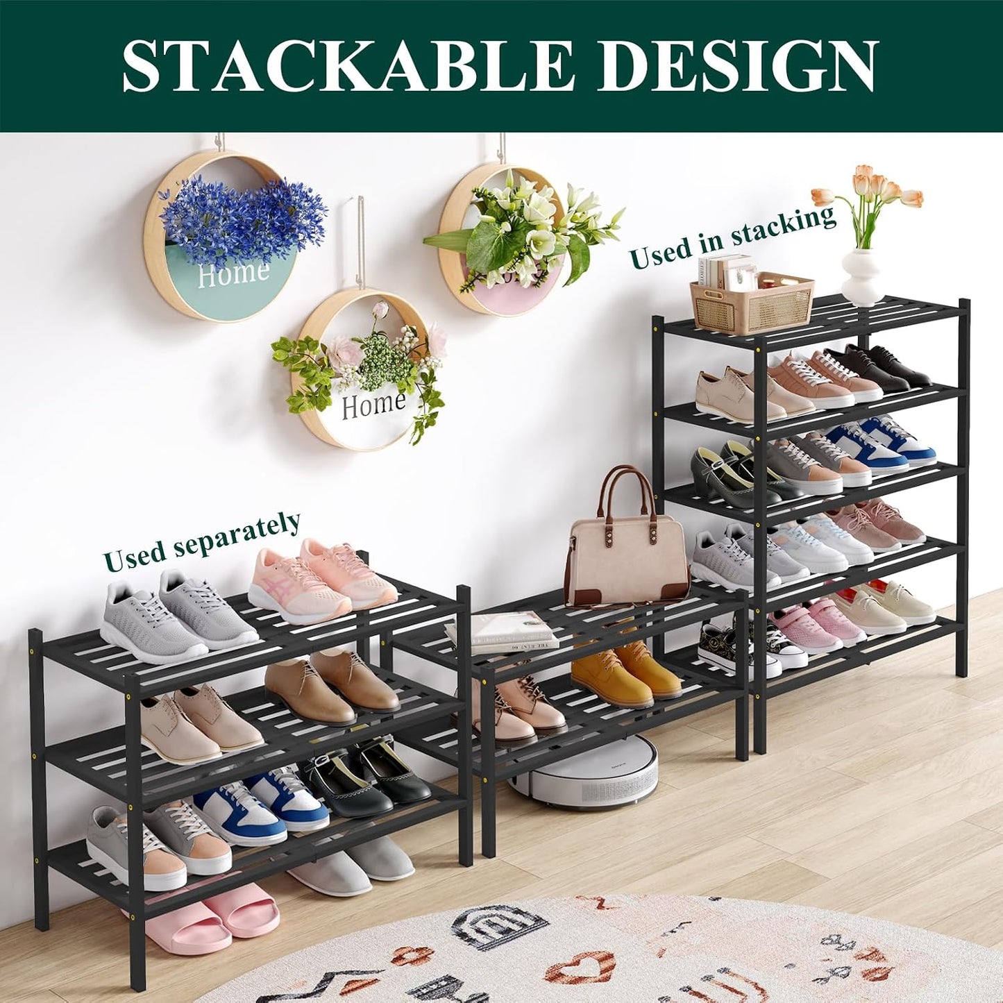 Smiry Bamboo Shoe Rack, 3 Tier Free Standing Wooden Shoe Organizer, Stackable Wood Shoe Storage Shelf for Closet, Entryway, 5 Horizontal Slats, 26.8"x11"x18.3", Natural