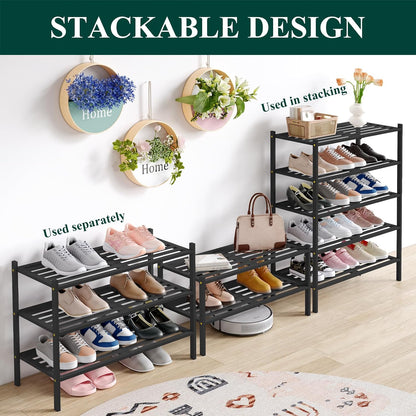 Smiry Bamboo Shoe Rack, 3 Tier Free Standing Wooden Shoe Organizer, Stackable Wood Shoe Storage Shelf for Closet, Entryway, 5 Horizontal Slats, 26.8"x11"x18.3", Natural