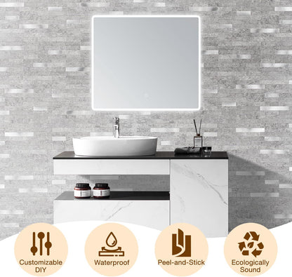 Peel and Stick Backsplash Tile Waterproof Removable PVC Wall Sticker 3D Faux Stone Marble Brick White Accent Panels (White Marble - Metal Silver, 20 Tiles - 9 sq. ft. (0.84 M²))