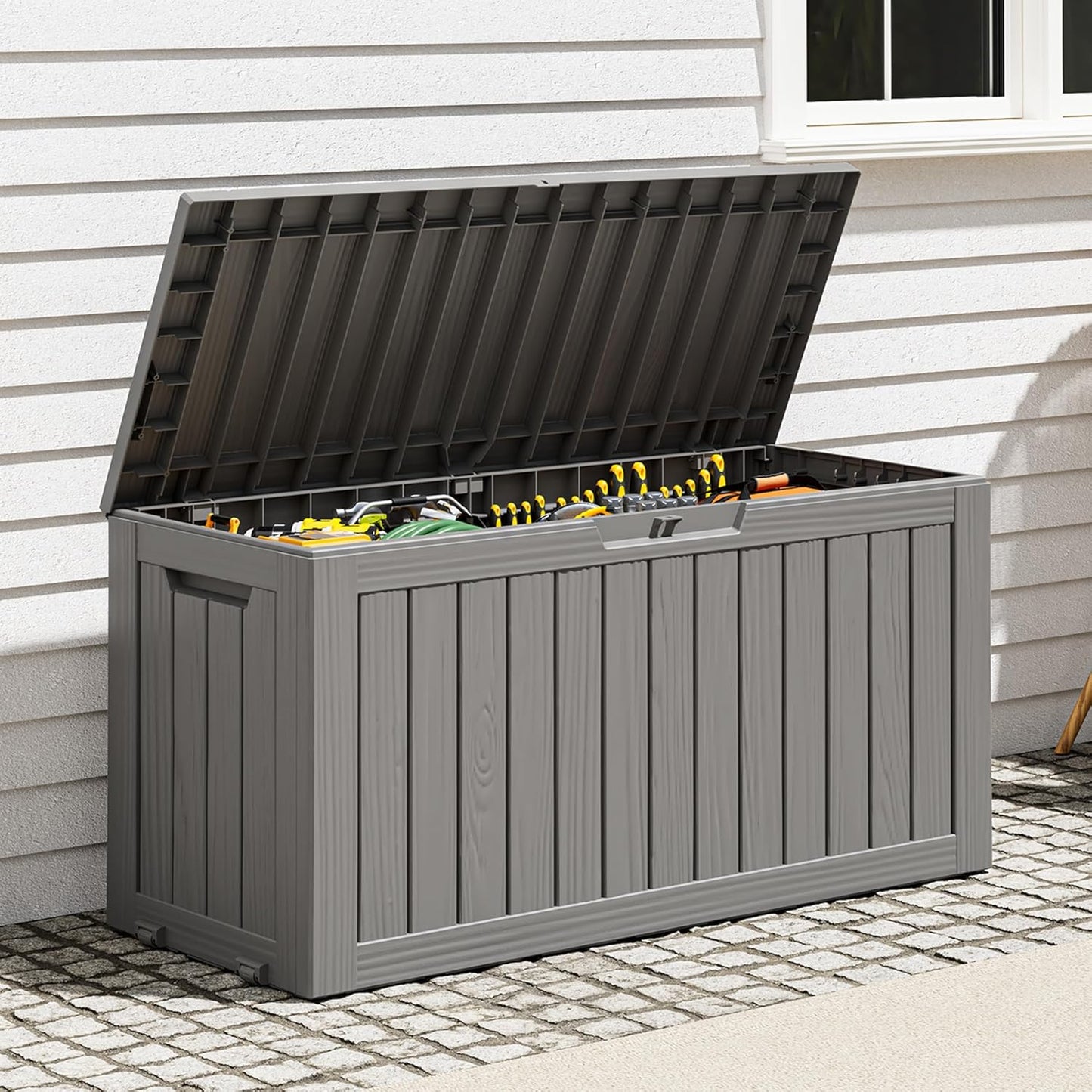 Outdoor Storage Box, Resin Deck Boxes Indoor and outdoor, Waterproof Storage Box Lockable Lid (Black, 85 Gallon)
