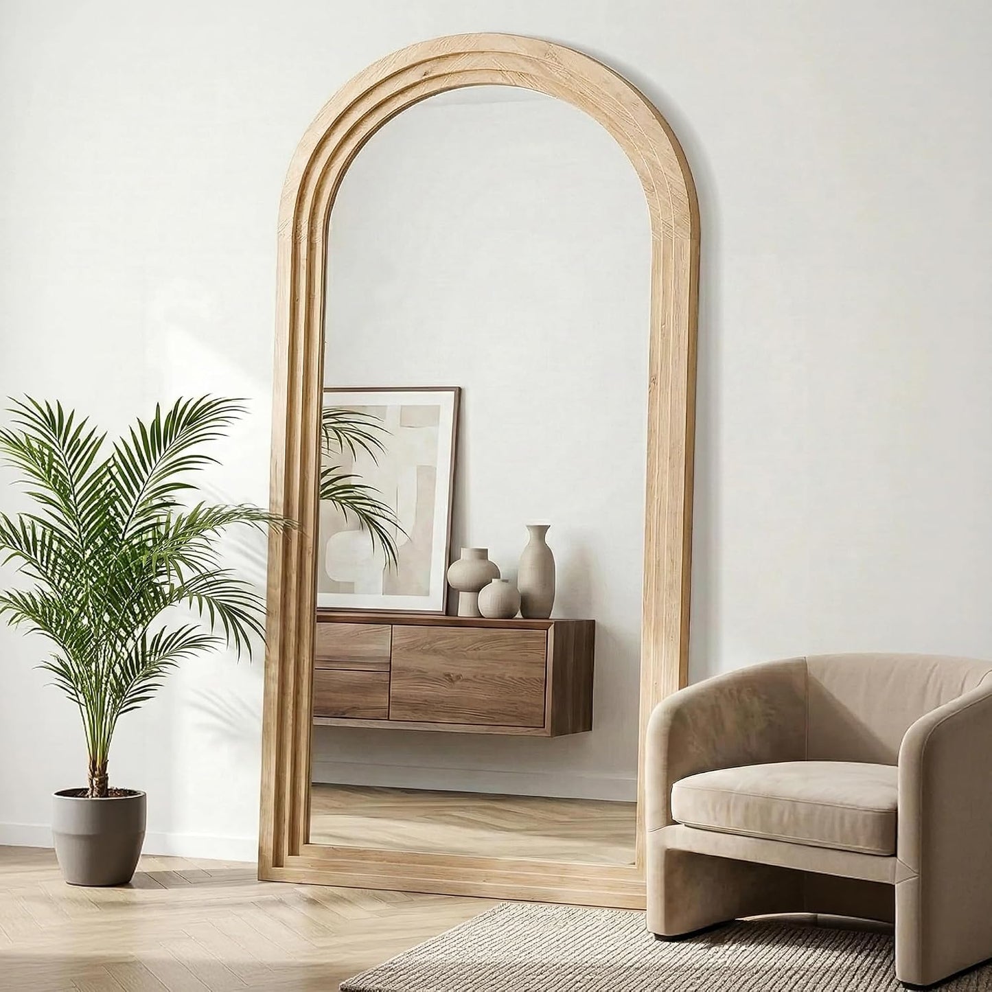 Delma Arched Full Length Floor Mirror with Stand, 75x35 Rustic Farmhouse Solid Wood Frame Wall Mirror for Bedroom, Living Room, Vertical Hanging & Standing(Brown)