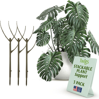 Twigs GA Stackable Plant Support Stakes, Moonstone, 3-Pack, 17" L | Made in USA, UV-Protected Sticks, Natural-Looking Stem Support Stakes, Stackable Poles for Indoor & Outdoor Plants up to 5ft
