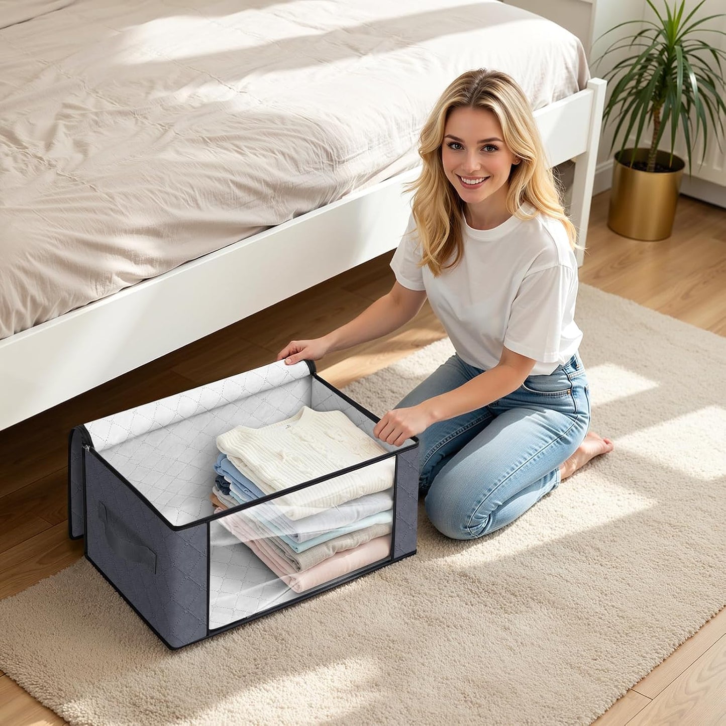 Fab totes 6 Pack Storage Bags for Clothes and Blanket, Foldable Closet Organizers and Storage with Zippers, Clear Window and Handles, Fabric Storage Bins for Sweater, Comforter, Bedding,Linen Sheets