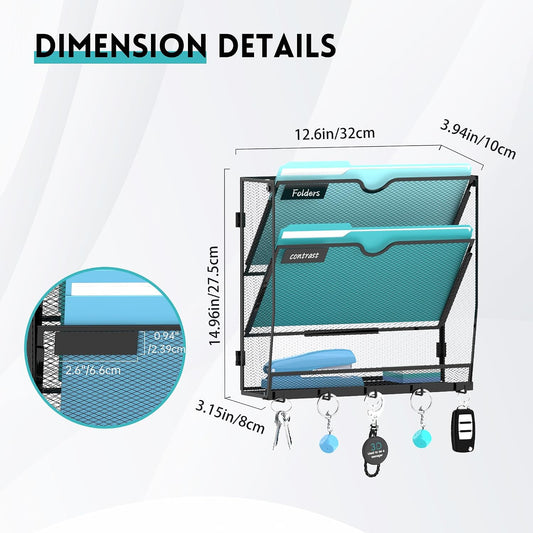 5 Tier Wall File Organizer - Hanging File Organizer with 5 Hooks, Mail Holder Wall Mounted for Papers, Folders, Magazines, Bills, Office&School Organization, Black