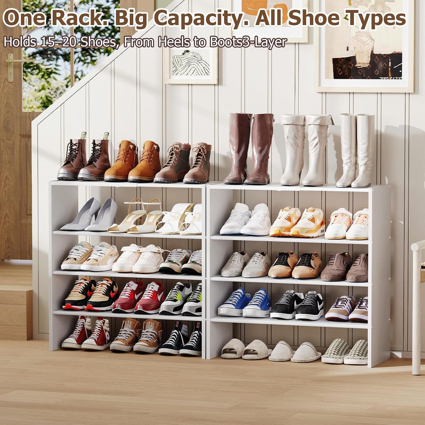 X-cosrack 2 Pack 2-Tier Shoe Rack Organizer for Closet, Expandable and Adjustable White Shoe Rack, Stackable Iron Wood Combination Shoe Storage Shelves for Closets, Entryway, Small Space, Garage