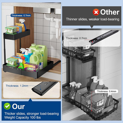Insputer Upgrade Expandable Under Sink Organizer, 2 Tier Metal Under Cabinet Storage with 3 Slide Rails, Height Adjustable, Thickened Pull Out Drawer Shelf for Bathroom, Kitchen, Laundry, Pantry