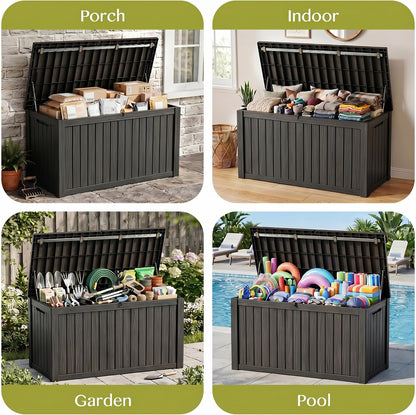 Waterproof Outdoor Storage Box Outside Deck Box Lockable Resin Bench UV Resistant Furniture Cushion Pool Tool Float Bin Patio Garden Porch (Black, 120 Gallon)