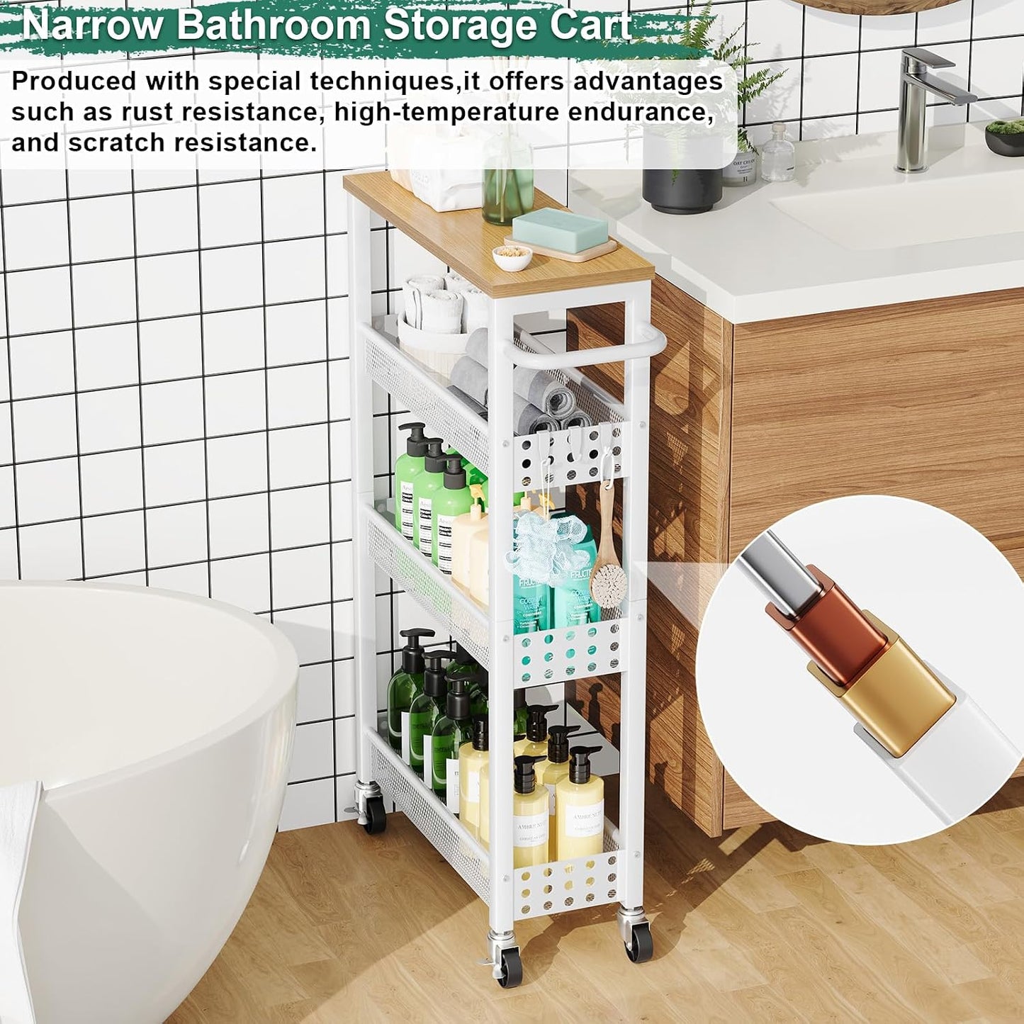 Utility Slim Storage Cart, 4-Tier Narrow Bathroom Organizers and Storage Cart, Narrow Metal Kitchen Laundry Room Organization Shelf with Wood Top, Slim Rolling Carts with Wheels for Small Space