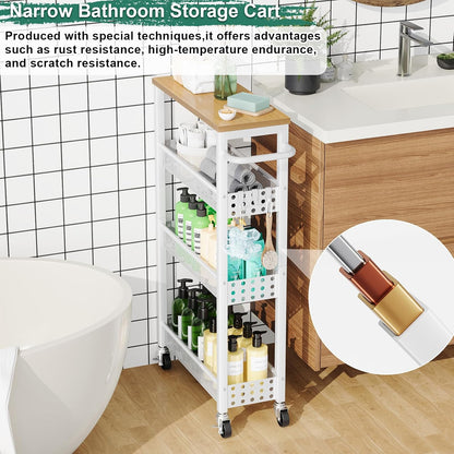 Utility Slim Storage Cart, 4-Tier Narrow Bathroom Organizers and Storage Cart, Narrow Metal Kitchen Laundry Room Organization Shelf with Wood Top, Slim Rolling Carts with Wheels for Small Space