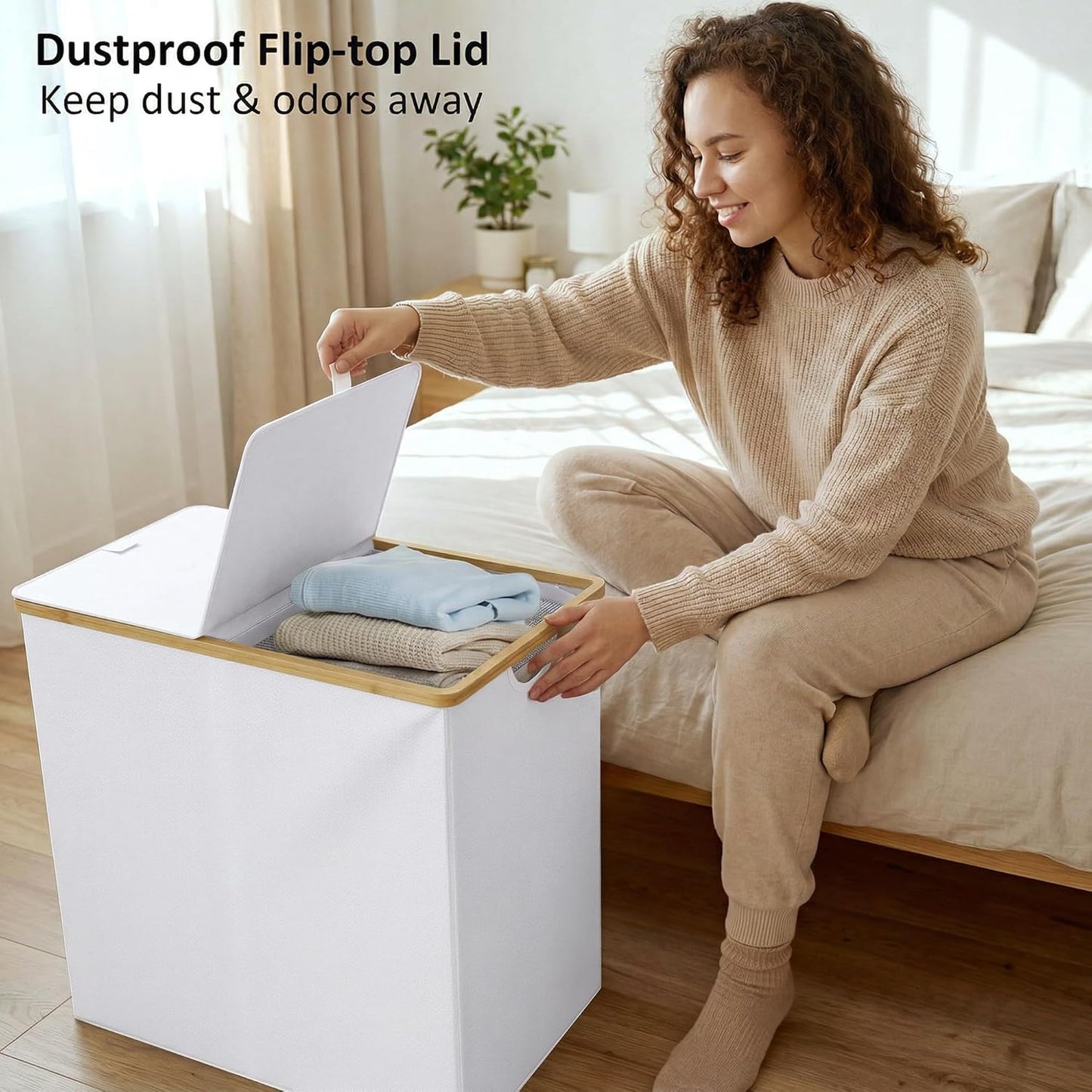 efluky Laundry Hamper with Lid, Trio Laundry Basket with 2 Removable Bags, 3 Section Laundry Bin with Bamboo Handles for Bathroom, Bedroom & Laundry Room, 160L (42.3 Gallon) Beige