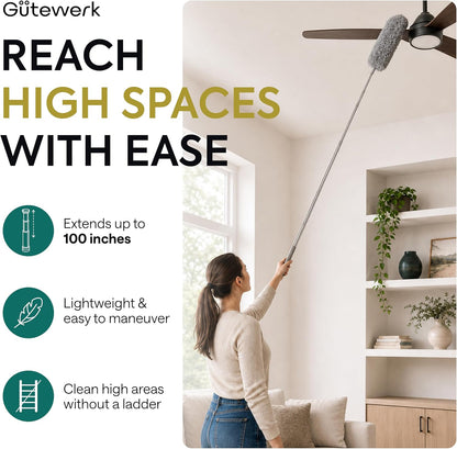 Gütewerk Extendable Microfiber Duster, 55 Inch - Feather Dusters for Cleaning Ceiling Fans, Blinds, Baseboards & High Ceilings - Washable, Electrostatic, 360° Bendable Head, Stainless Steel Pole