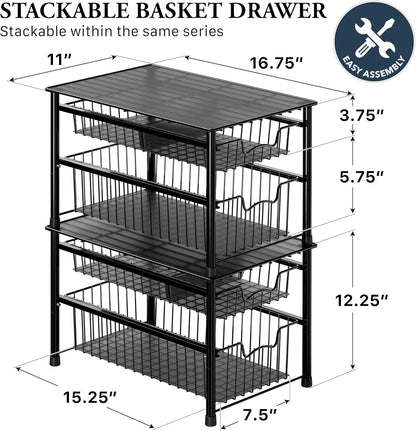 Simple Houseware Stackable 2 Tier Sliding Basket Organizer Drawer, Chrome