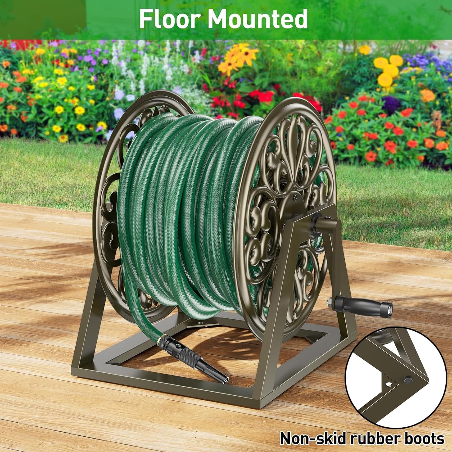 GOFORWILD Garden Wall Mount Hose Reel, Decorative Hose Reel, Garden Heavy-Duty Water Hose Holder Winder, Holds 200-Feet of 5/8-Inch Hose
