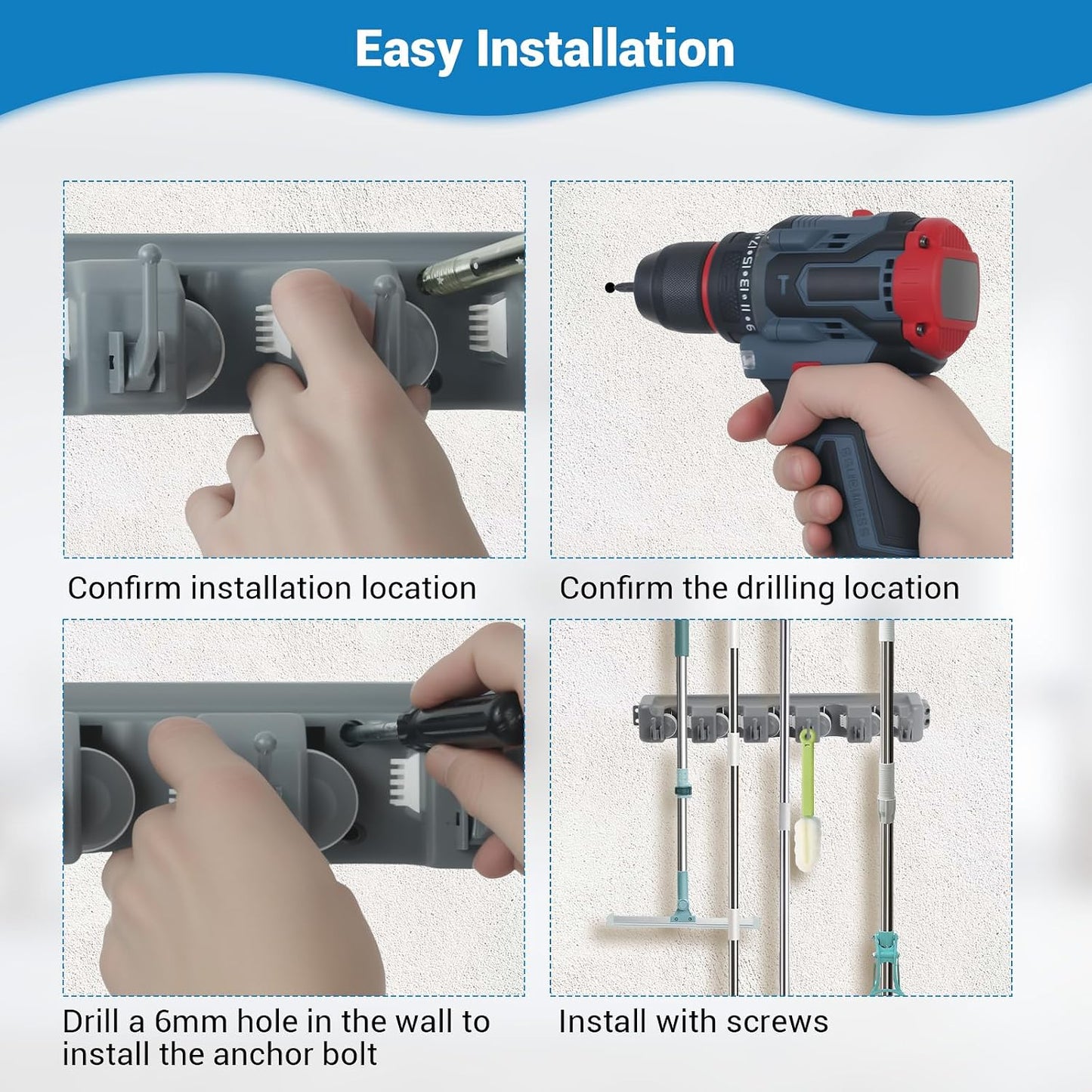 HOME MASTER HARDWARE (2 Pack 16 in Broom Mop Holder Garage Storage Organizer with 5 Racks 6 Hooks Adjustable Wall Mounted Storage Tool for Lanudry Garage Kitchen Garden