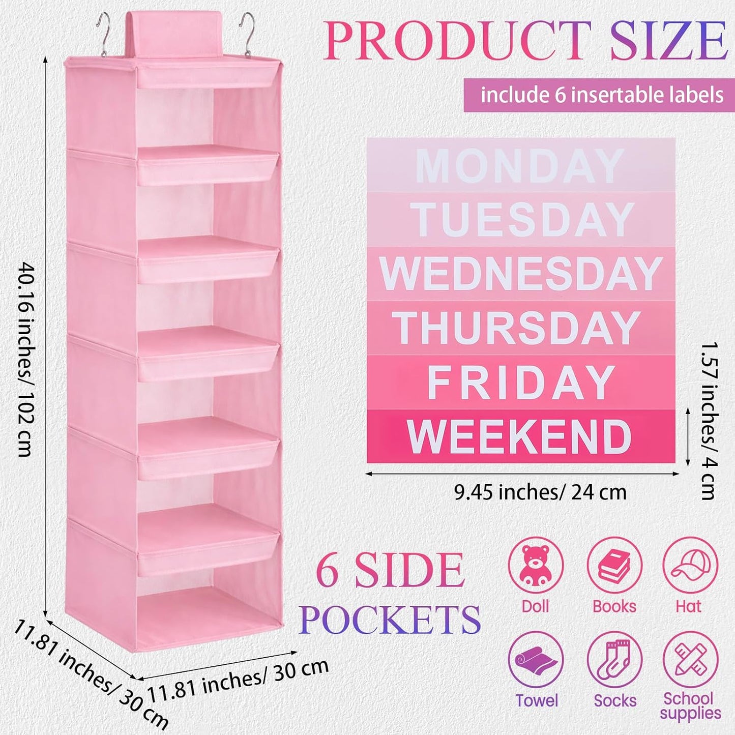 Thyle 6-Shelf Weekly Clothes Organizer for Kids, Hanging Daily Closet Organization with 12 Side Pockets, Pink Days of the Week Clothing Divider Storage for Boys and Girls
