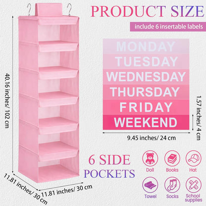 Thyle 6-Shelf Weekly Clothes Organizer for Kids, Hanging Daily Closet Organization with 12 Side Pockets, Pink Days of the Week Clothing Divider Storage for Boys and Girls