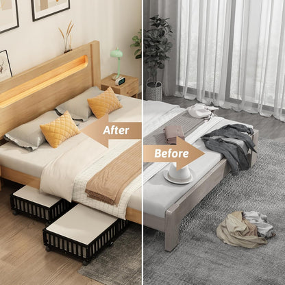 Bamboo Under Bed Storage Containers with Wheels, 2 Pack Under the Bed Shoe Storage Bins, Wood Rolling Underbed Drawers with Bag Organizer for Bedroom, Sheets Clothes Blanket Comforter, Under Crib Toy