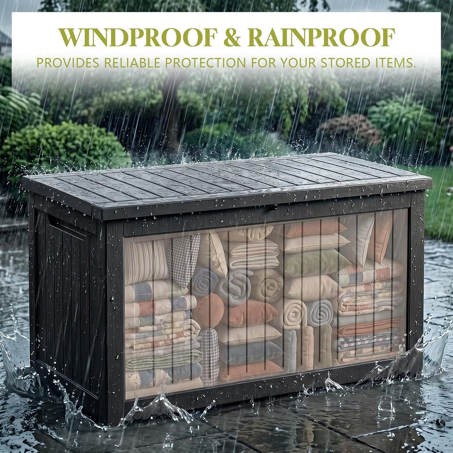 Waterproof Outdoor Storage Box Outside Deck Box Lockable Resin Bench UV Resistant Furniture Cushion Pool Tool Float Bin Patio Garden Porch (Black, 120 Gallon)