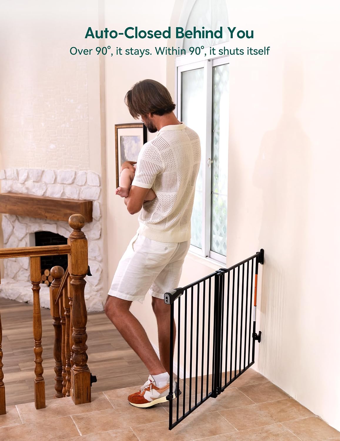 Babelio Baby Gate for Stairs, Kitchen & Doorways, No Bottom Bar| One-Handed Operation| Auto-Close| Hardware Mount (Drill Needed) Safety Dog/Pet Gate (Black - B17, 26-43" W, 28" H)