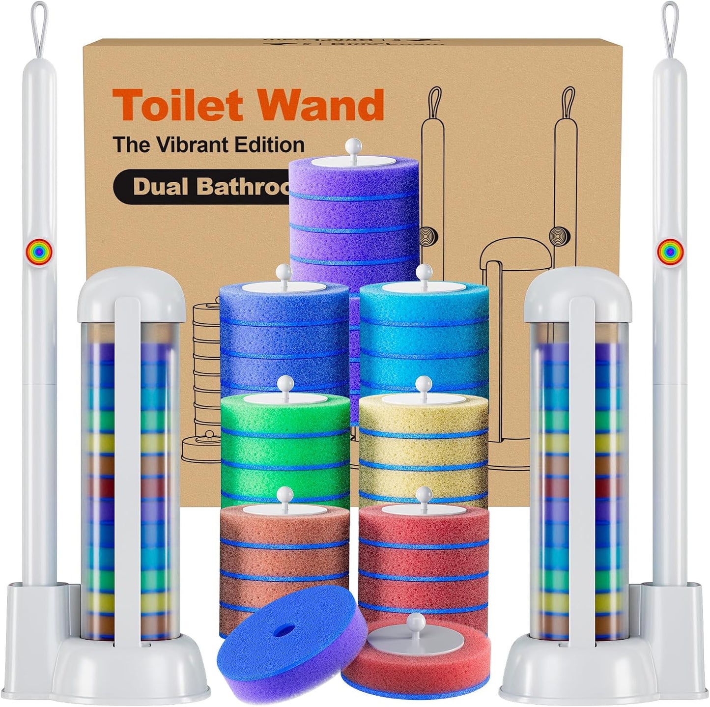 Disposable Toilet Brush and Holder Set - Hands-Free Eject Sponge Toilet Wand with Floor Standing Caddy, Secure-Lock Hangable Toilet Scrubber
