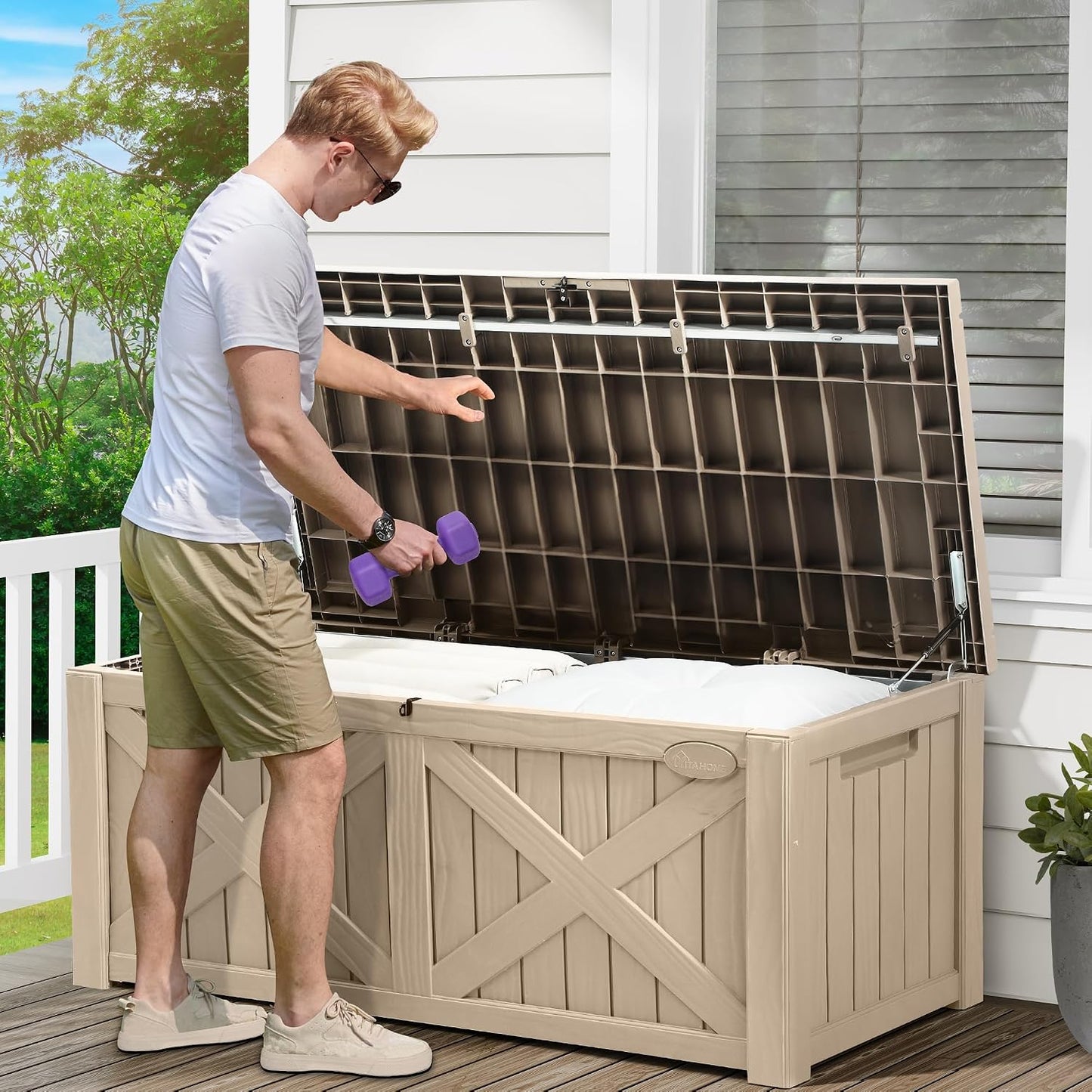 YITAHOME 31 Gallon Outdoor Storage Deck Box | Waterproof Resin Package Delivery and Storage Box with Lockable Lid for Patio Furniture Cushions, Pool Accessories, Garden