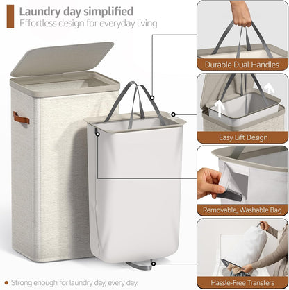 Sorbus Laundry Hamper with Lid - Collapsible 3-Compartment Fabric Laundry Basket with Handles and Removable Laundry Bag – 50 Gallon (190 L) Dirty Clothes Hamper for Bedroom, bathroom and dorm (Beige)