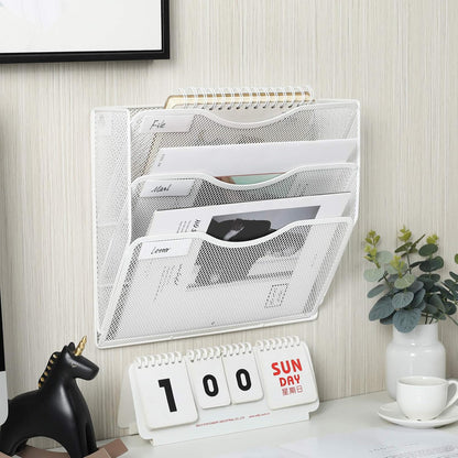 EasyPAG 5 Pocket Mesh Wall File Organizer with Key Hooks, Hanging Paper Folder Holder with Classify Label, Vertical Wall Mount Mail Organizer for Office Home Classroom, Black