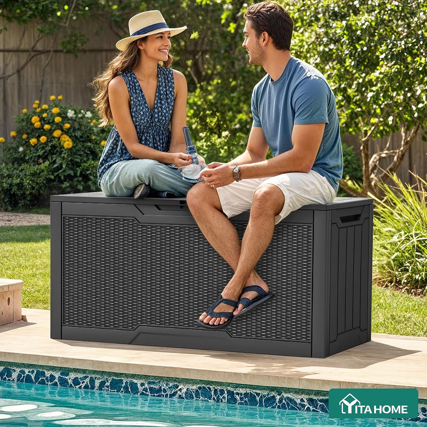 YITAHOME 100 Gallon Large Outdoor Deck Box | Waterproof Resin Storage Box, Lockable Indoor Outdoor Storage Container for Patio Furniture Cushions, Pool Accessories