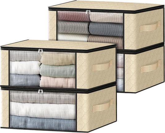HomeHacks Storage 3-Pack Clothes Organizer Storage Bags Foldable Storage Box with Large Clear Window Sturdy Handles for Closet, Dorm, Pillows, Bedding, Clothes, Blankets, 35L, Gray