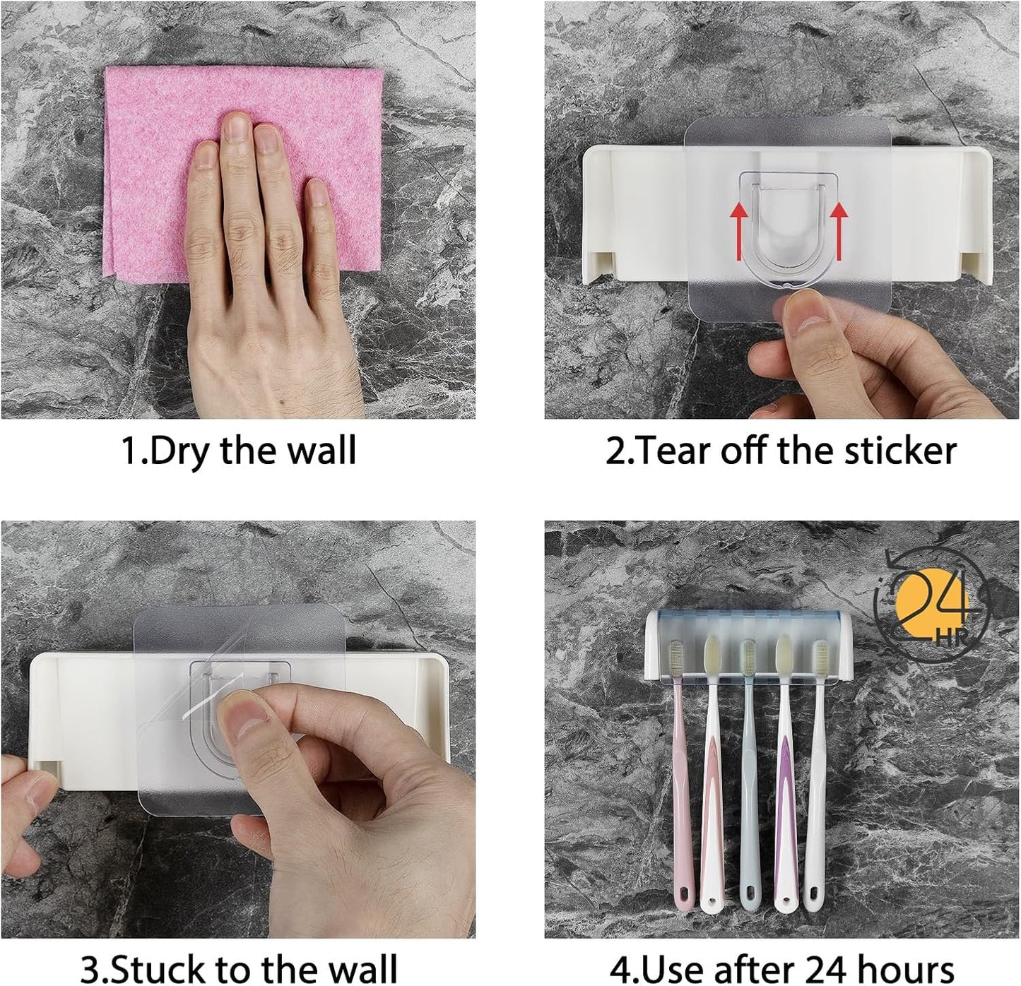 5 Slots Wall Mount Toothbrush Holder with Cover, Self Adhesive Toothbrush Storage Organizer for Shower, Toothbrush Hanger with Automatic Toothpaste Squeezer Dispenser