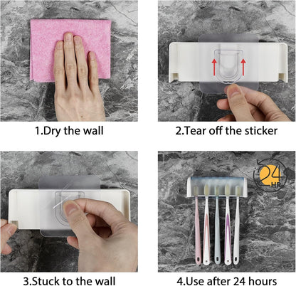5 Slots Wall Mount Toothbrush Holder with Cover, Self Adhesive Toothbrush Storage Organizer for Shower, Toothbrush Hanger with Automatic Toothpaste Squeezer Dispenser