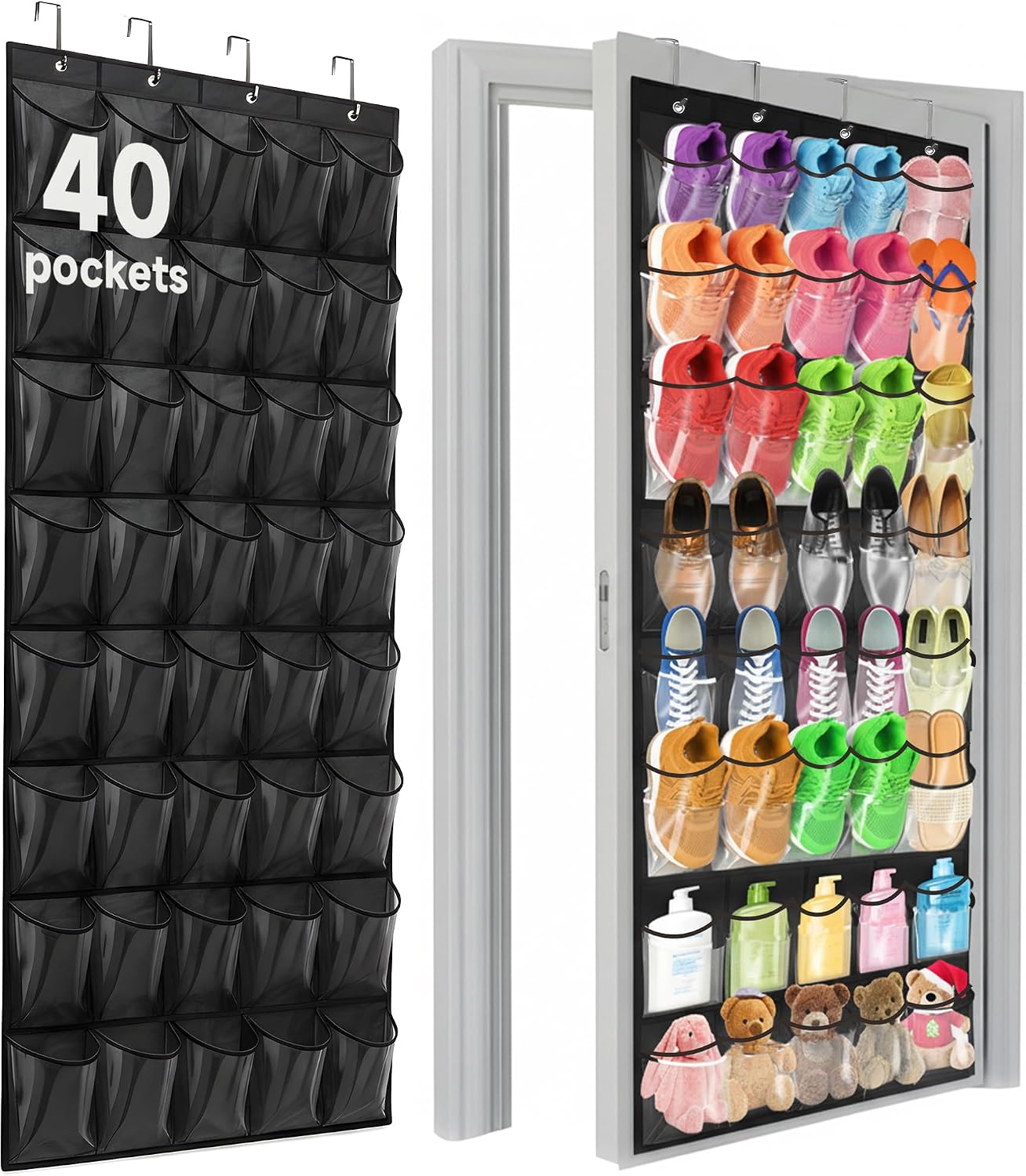 40 Pockets Over the Door Shoe Organizer – Waterproof Hanging Shoe Holder for Closet & Bathroom – Space-Saving Clear PVC Door Shoe Rack for Shoes, Toys, Toiletries & Snacks (White)