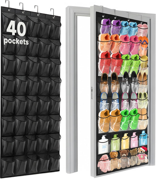 40 Pockets Over the Door Shoe Organizer – Waterproof Hanging Shoe Holder for Closet & Bathroom – Space-Saving Clear PVC Door Shoe Rack for Shoes, Toys, Toiletries & Snacks (White)