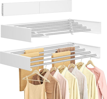 SONGMICS Wall Mounted Drying Rack, Clothes Drying Rack Foldable, 39.4 Inches Wide Laundry Clothes Airer with Wall Template, 6 Fold-Out Aluminum Alloy Bars, Indoor, Matte White ULLR810WE01
