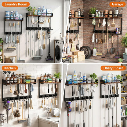 Broom Holder Wall Mount, Heavy Duty Broom and Mop Organizer Wall Hanging with Vacuum Stand, 5 Grippers & 10 Hooks, Utility Racks with Wood Shelf & Guard, Laundry Organization & Storage (S)