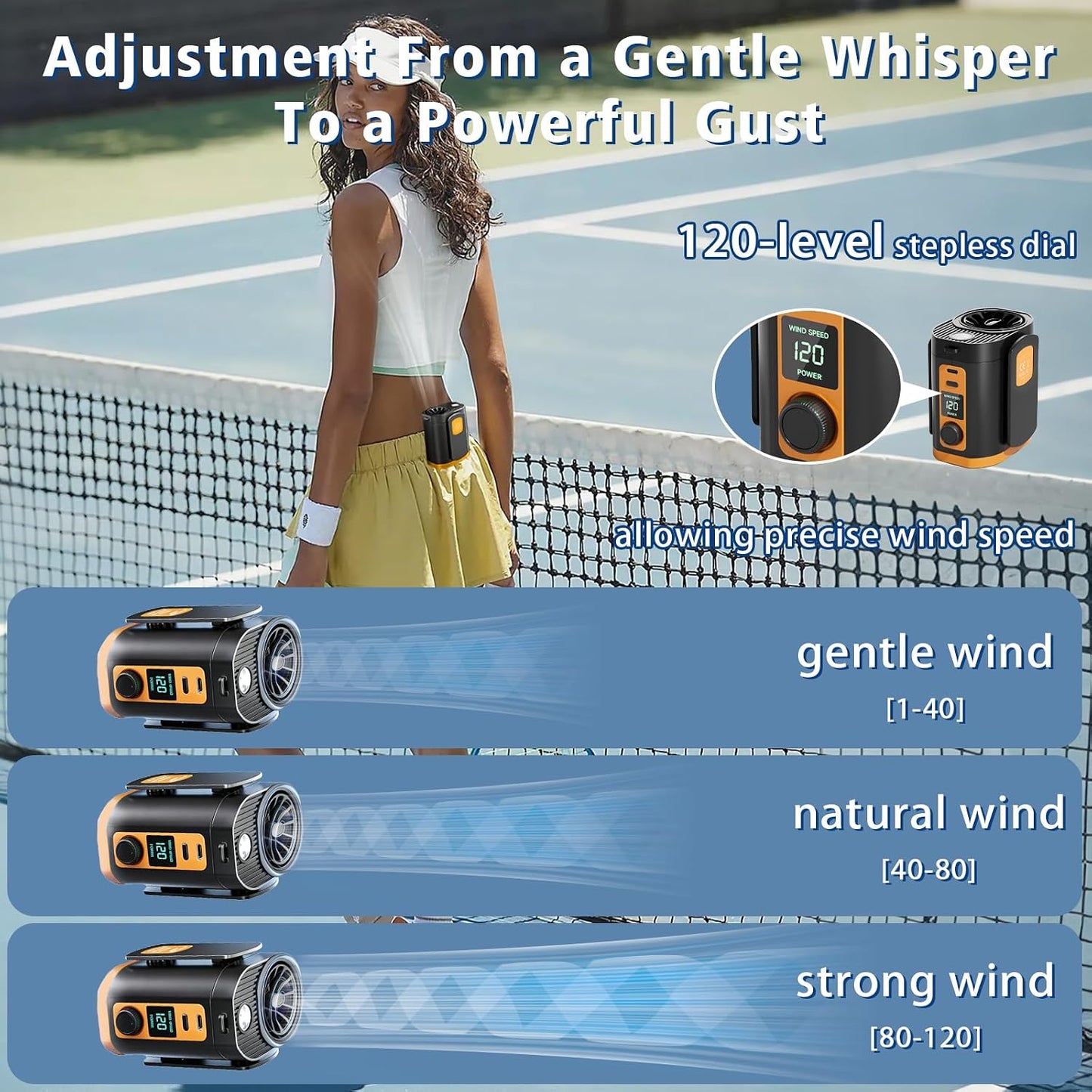 Portable Fan,120-Speed Adjustable Waist Clip Fan Turbo Cooling, Rechargeable Clip-On Personal Fan with LED flashlight,for Outdoor,Travel,Camping