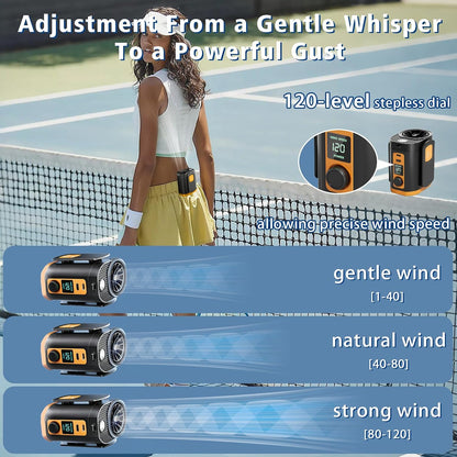 Portable Fan,120-Speed Adjustable Waist Clip Fan Turbo Cooling, Rechargeable Clip-On Personal Fan with LED flashlight,for Outdoor,Travel,Camping