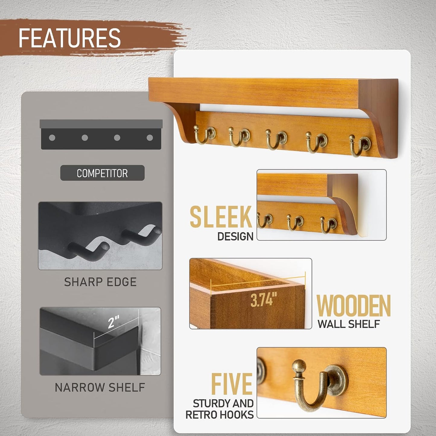 Rebee Vision Farmhouse Key Holder for Wall - Decorative Wooden Mail Organizer with 5 Rustic Key Hooks and Floating Shelf for Home Decor, Hallway, Entryway, Appartment (Retro Brown)