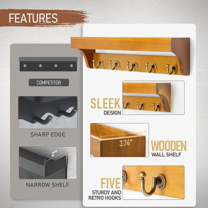 Rebee Vision Farmhouse Key Holder for Wall - Decorative Wooden Mail Organizer with 5 Rustic Key Hooks and Floating Shelf for Home Decor, Hallway, Entryway, Appartment (Retro Brown)