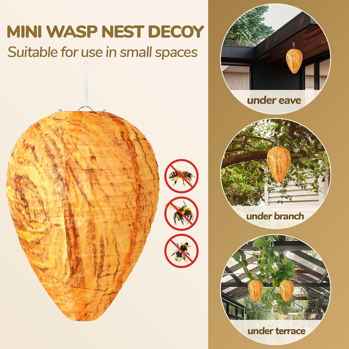 DECYOOL Wasp Nest Decoy, 4 Pack Mini Hanging Outdoor Hornet Deterrent | Brown Water-Repellent Decoys for Outdoor Patio Eaves Hanging, Deterring Hornets and Yellow Jackets, Garden Decor Supplies