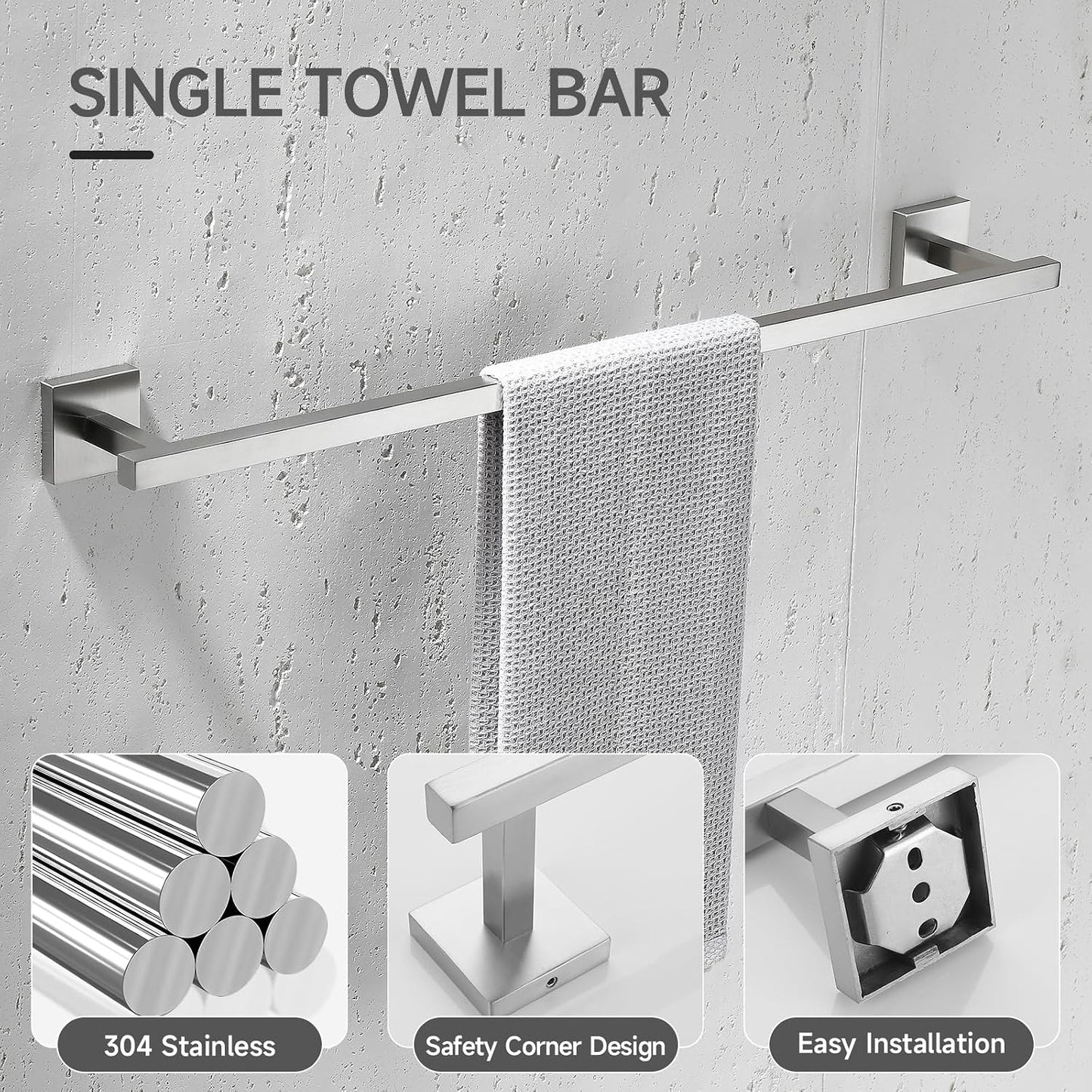 TQKAG Brushed Gold Bathroom Hardware Accessories Set 10 Pieces, 23.6" SUS304 Stainless Steel Towel Bar Set Wall Mounted Includes Single Towel Bar, Towel Ring, Toilet Paper Holder, Double Towel Hooks