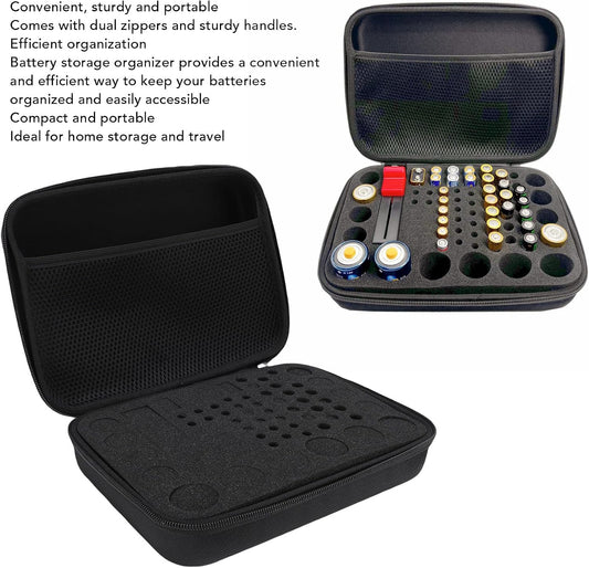 LICAEVEY Hard EVA Battery Organizer Storage Box Case with Tester Holder for AA AAA C D 3V 9V Batteries - Black Protective Container