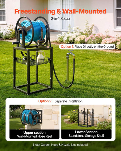 VEVOR Wall Mounted Garden Hose Reel, Holds 125 ft 5/8-inch Hose, Heavy-Duty Water Hose Winder, Space-Saving Design, Outdoor Manual Reel with Brass Fitting and Storage Basket for Yard Lawn