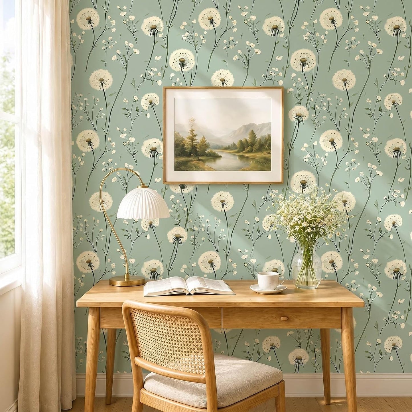 Dandelion Floral Peel and Stick Wallpaper Green Self Adhesive Removable Vinyl Wallpaper Botanical Floral Watercolor Boho Accent Wall for Bedroom Living Room Nursery 17.7" X 118"