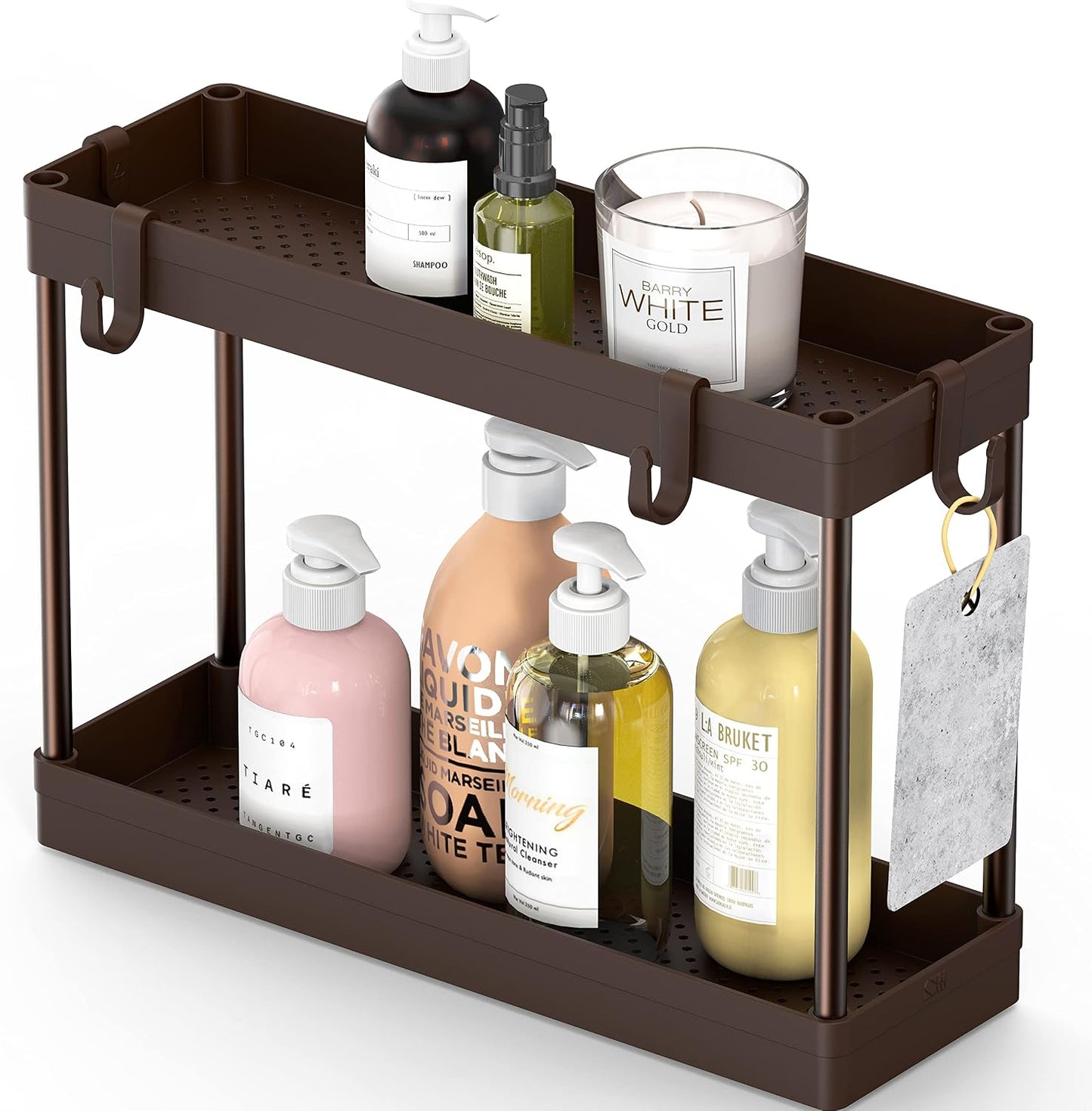 Simple Houseware 2-Tier Under Sink Organizer Storage Tray with Hooks, White